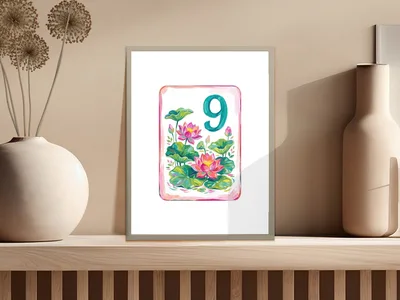Lotus Table Number 9 Digital Print, Pink Floral Chinoiserie Art, Painted Preppy Botanical Poster, Grandmillennial Wedding Clipart Download