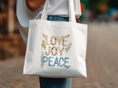 White tote bag with "LOVE JOY PEACE" text and floral accents.