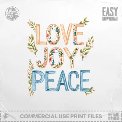 Watercolor lettering spells "LOVE JOY PEACE" with floral accents.