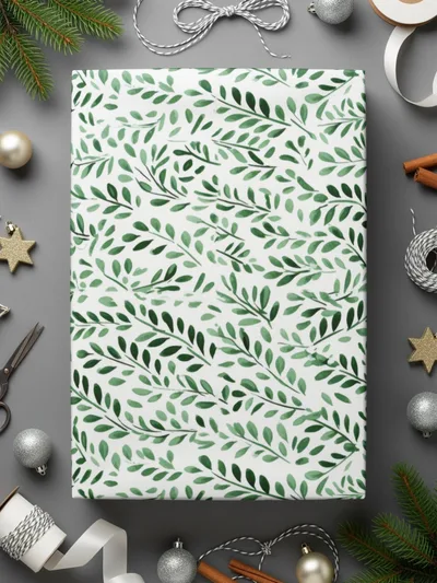 Festive Green Leaf Pattern Holiday Wrapping Paper
