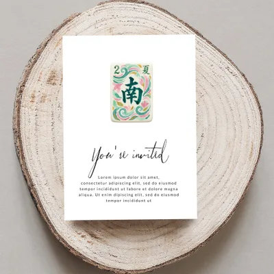 Mahjong tile "South" and "Summer" on an invitation with "You're invited" text.