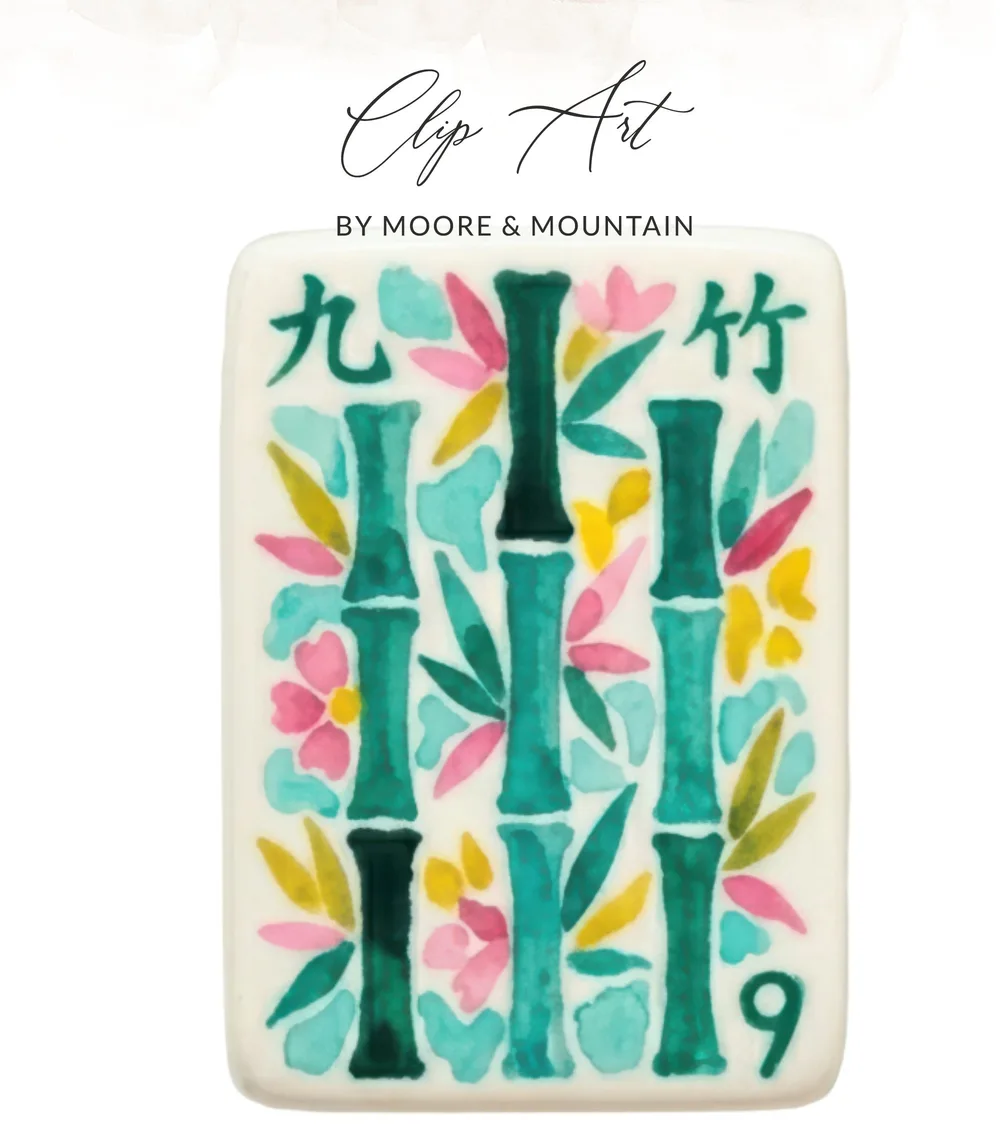 Mahjong tile with bamboo and flowers, text "Clip Art" and "By Moore & Mountain".