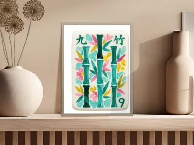 Watercolor bamboo and flowers illustration on tile with Chinese characters.