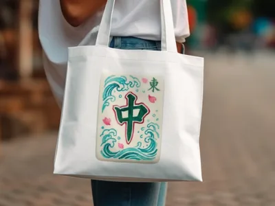 White tote bag with a Mahjong tile design of the "middle" character.
