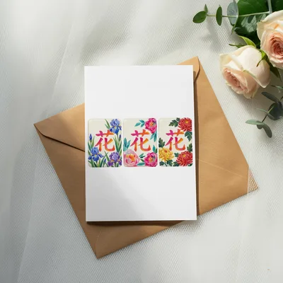 Mahjong Tile Floral PNG Digital Download, Asian Botanical Clipart Set, Chinese Flower Character Art, Chinoiserie Printable Tile Sublimation