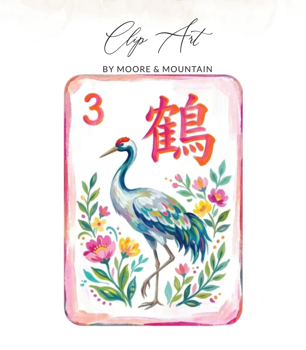 Mahjong Tile PNG Digital Download, Painted Crane Asian Wall Art Print, Chinoiserie Game Decor, Preppy Mahjong Printable Sublimation Clipart