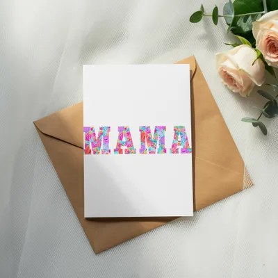 Card with "MAMA" in colorful floral letters on a brown envelope.