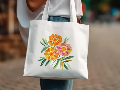 White tote bag with watercolor marigold flowers and green leaves design.