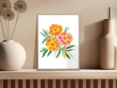 Watercolor painting of three bright orange and pink flowers with green leaves.