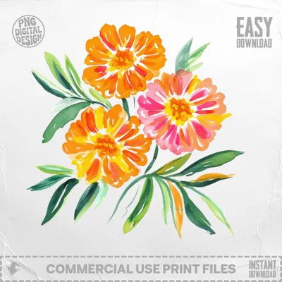 Watercolor marigolds with green leaves on a white background.