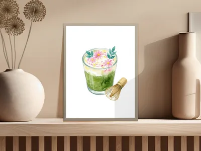 Matcha Latte Watercolor Digital Print | Cozy Drink Aesthetic Art with Pink Flowers & Whisk | Tea Lover Decor Download SVG