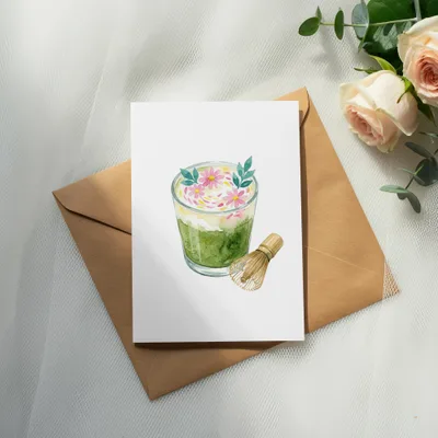 Matcha Latte Watercolor Digital Print | Cozy Drink Aesthetic Art with Pink Flowers & Whisk | Tea Lover Decor Download SVG