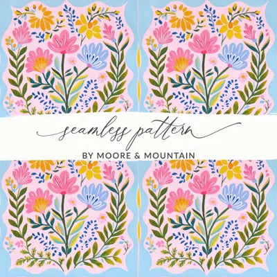 Mediterranean Tile Floral Pattern Digital, Folk Art Flowers Tile Repeat, Pastel Botanical Scalloped Frame, Cottagecore Whimsical Wallpaper