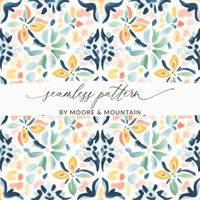 Mediterranean Tile Floral Seamless Pattern, Botanical Digital Paper, Modern Artistic Tile Design, Instant Download Art Print