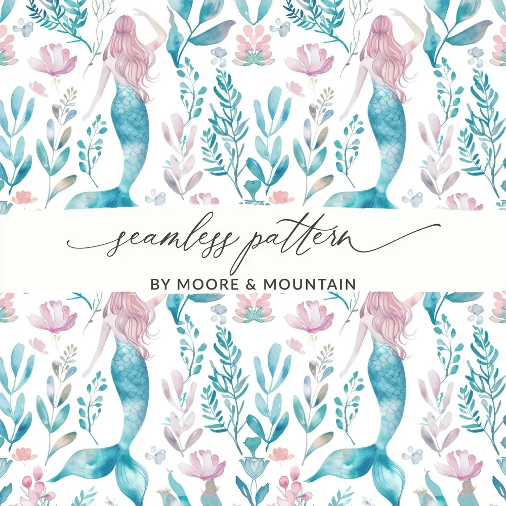 Mermaid Digital Paper, Seamless Pattern, Watercolor Mermaid Scales, Ocean Sea Life, Commercial Use, Print on Demand - Moore and Mountain