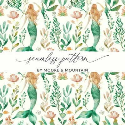 Mermaid Seamless Pattern, Watercolor Sea Life Digital Paper, Commercial Use, Ocean Design, Under the Sea JPEG, 12x12 Inch File