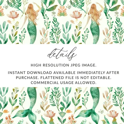 Mermaid Seamless Pattern, Watercolor Sea Life Digital Paper, Commercial Use, Ocean Design, Under the Sea JPEG, 12x12 Inch File - Moore and Mountain