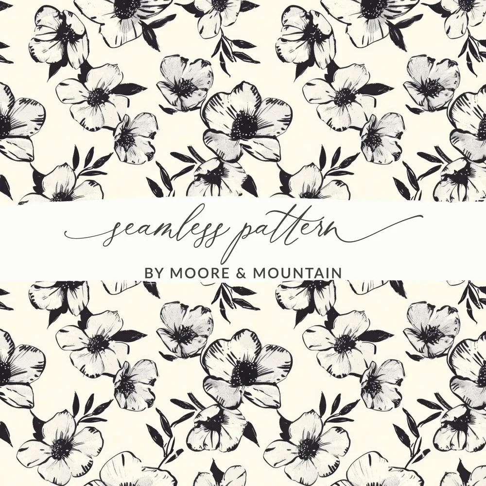 Modern Black White Floral Pattern Blooming Beauty Seamless Digital - Moore and Mountain