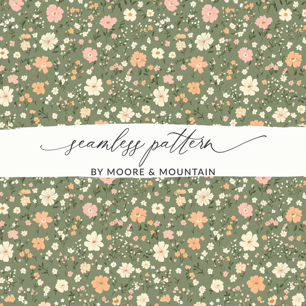 Modern Ditsy Flower Pattern on Green Background Digital - Moore and Mountain