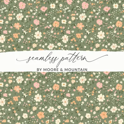 Modern Ditsy Flower Pattern on Green Background Digital