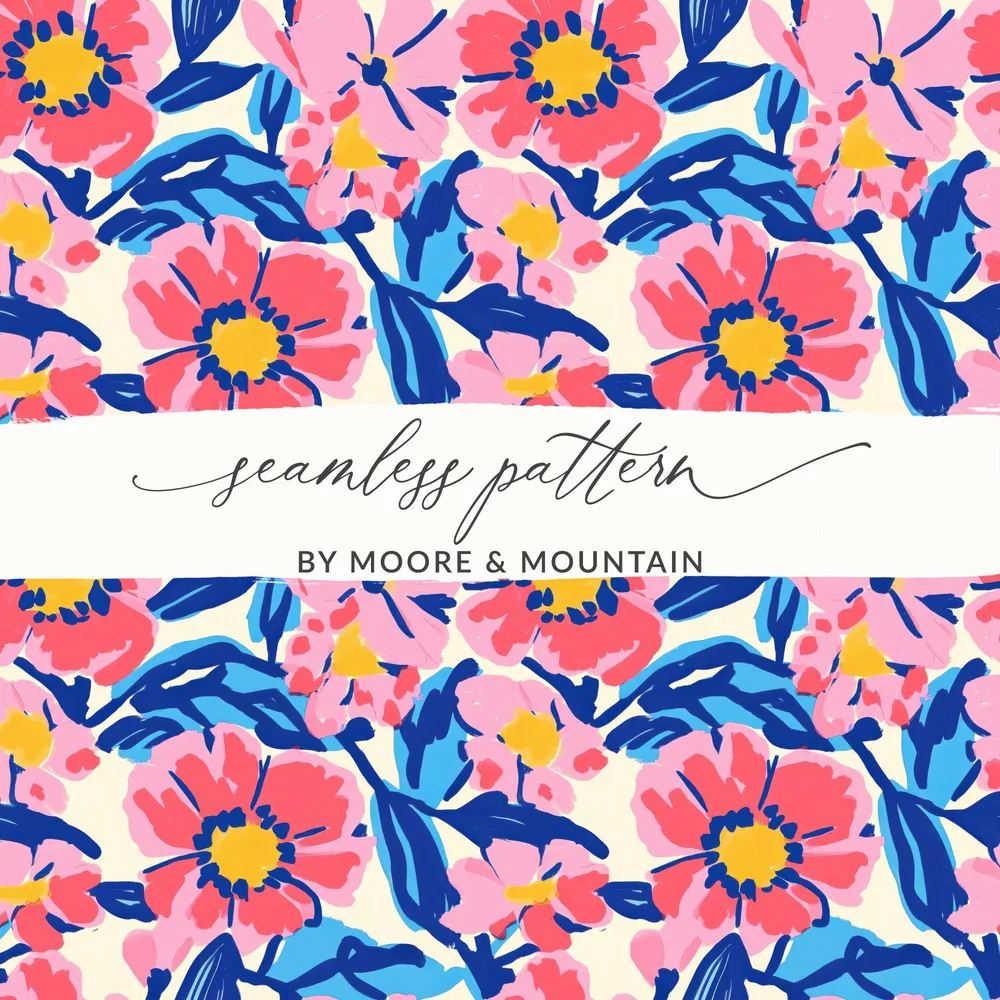 Seamless pattern with pink and blue flowers and green leaves.