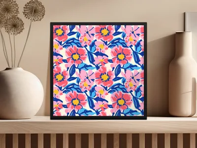 Framed floral art with pink and blue flowers on a cream background.