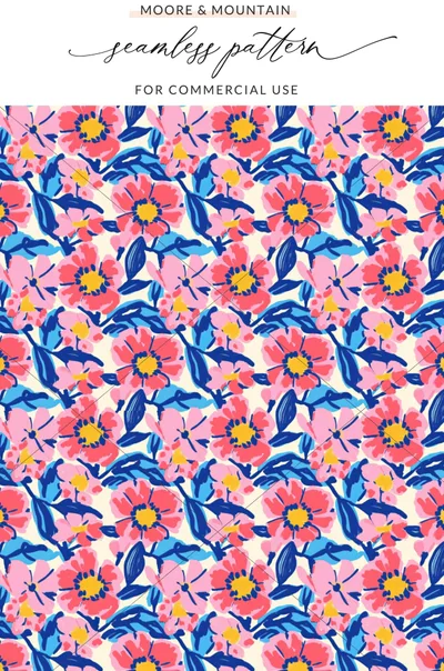 Floral pattern with pink and red flowers, blue leaves, and cream background.
