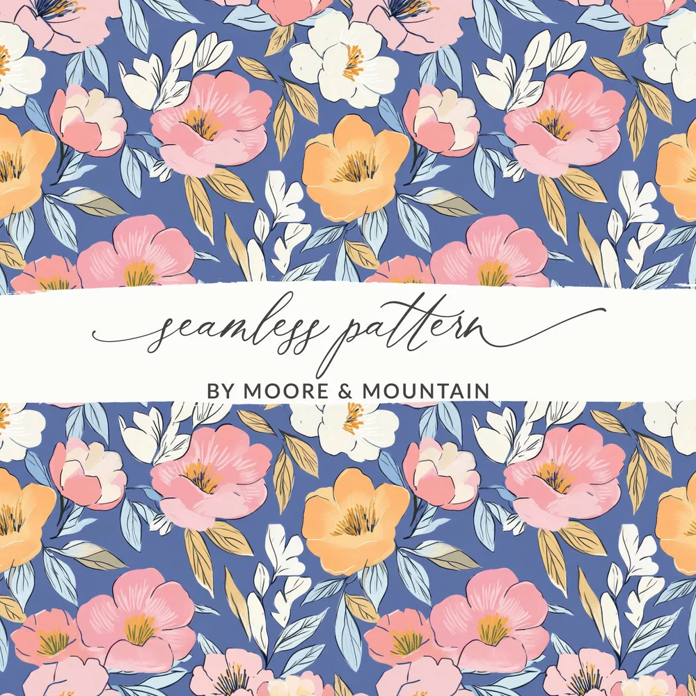 Seamless floral pattern with pink, white, and yellow flowers on blue background.