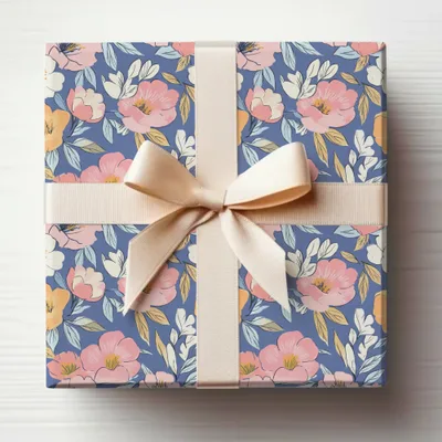 Gift box wrapped in floral paper with a light pink ribbon bow.