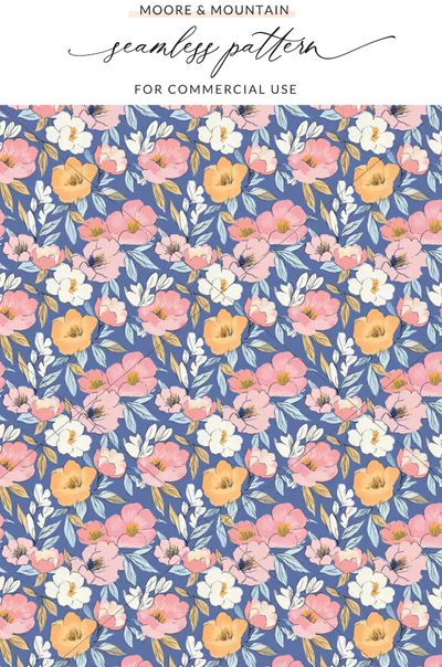 Pink, white, and orange floral pattern on a blue background.