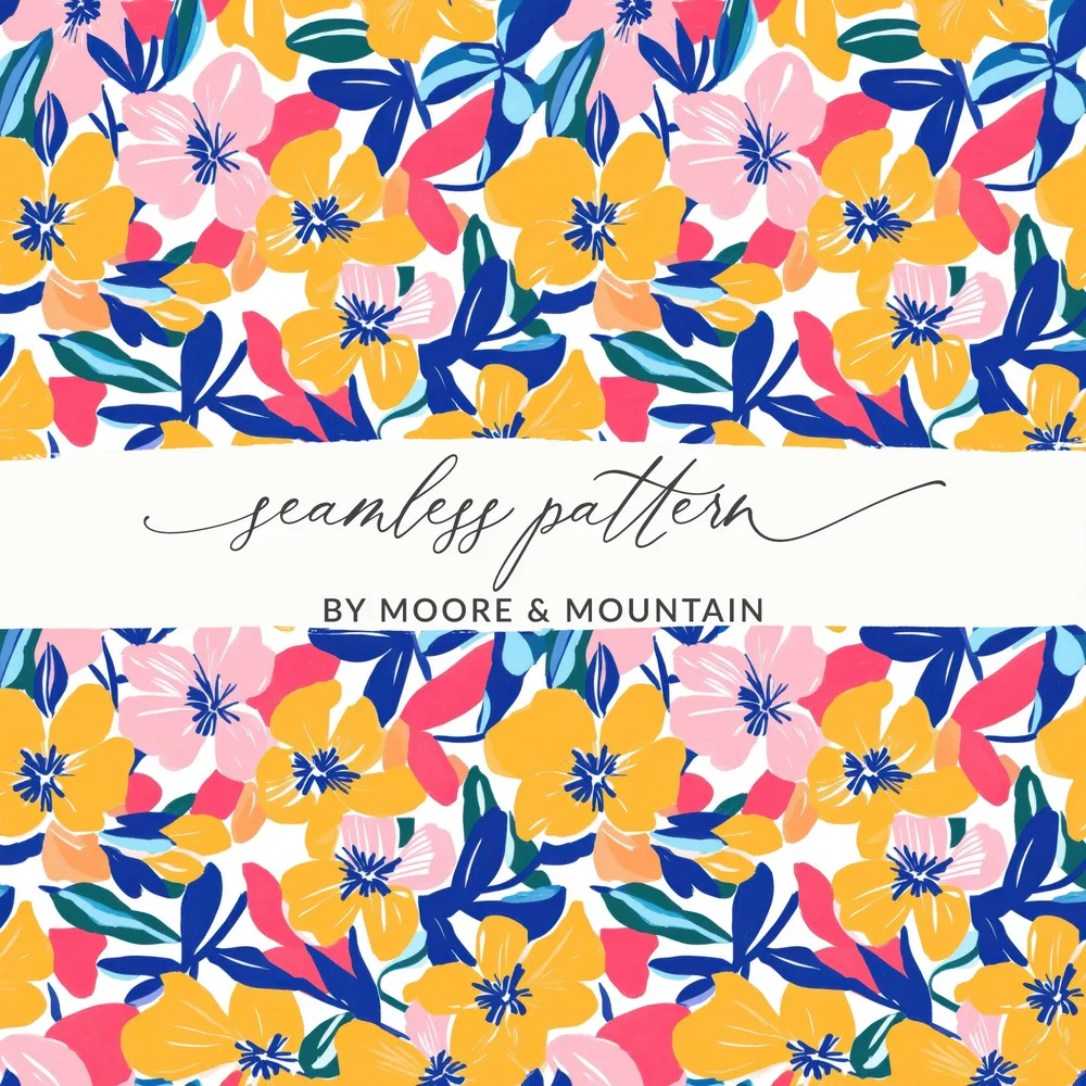 Seamless floral pattern with yellow, pink, and blue flowers on white background.