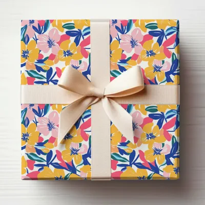 Gift box with a colorful floral pattern and a pale ribbon bow.