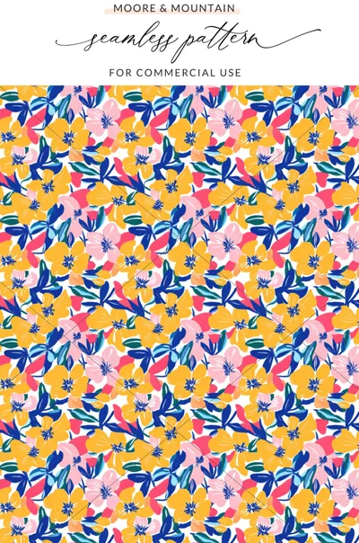 Seamless pattern with pink, blue, and yellow flowers on a white background.