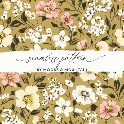 Modern Gold Floral Digital Paper, Spring Bloom Design, Boho Brown Seamless Wildflower Background JPEG