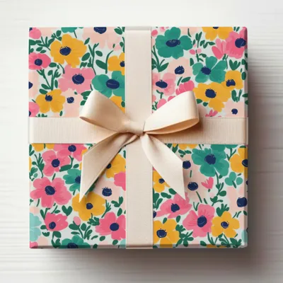 Flower Pattern Gift Wrapped with Ribbon Gift Box