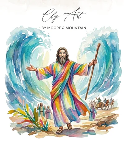 Moses Parting Red Sea Watercolor Digital Art, Rainbow Christian Biblical Wall Decor, Faith Kids Room Print, Instant Download Religious Gift