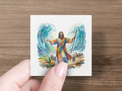 Moses parting the Red Sea with rainbow robes and a staff, people and animals in background.