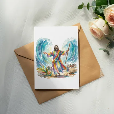 Moses parting the Red Sea with rainbow robe, with a brown envelope and roses.