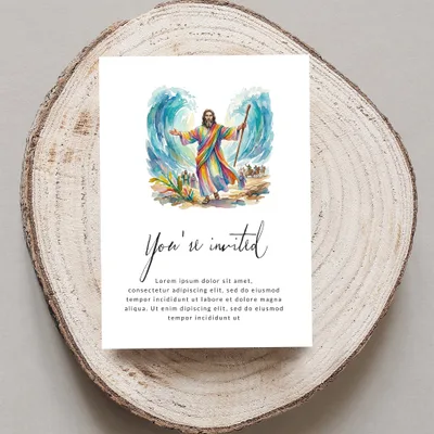 Invitation with Moses parting the Red Sea and "You're invited" text.