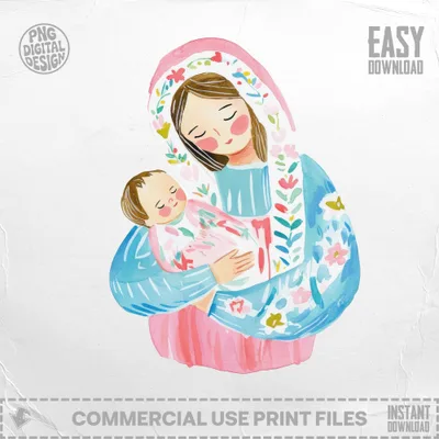 Watercolor illustration of Mary holding the baby Jesus, with floral details.