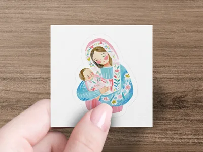Illustration of Mary holding baby Jesus in a floral blue and pink robe.