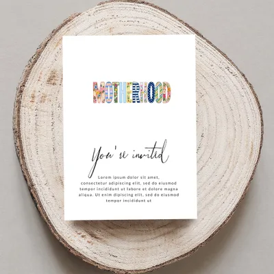 "Motherhood" invitation with decorative text and placeholder content.