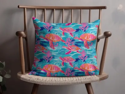 Colorful Sea Turtle and Coral Design Cushion Pillow