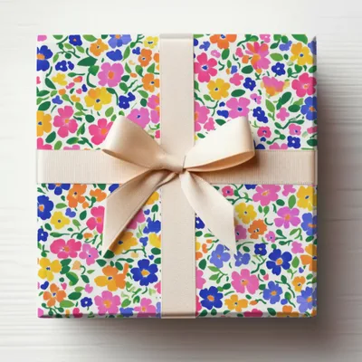 Colorful Floral Gift Wrap with Cream Bow Gift Box