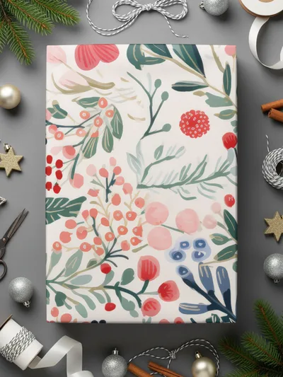 Festive Floral and Berries Holiday Wrapping Paper