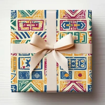 Colorful Geometric Gift Box with Beige Ribbon Wrap