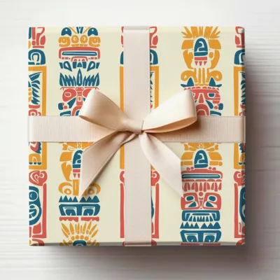 Vibrant Tribal Patterned Gift Wrap with a Bow Design
