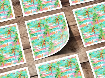Colorful Tropical Palm Trees and Sailboats Sticker Pattern