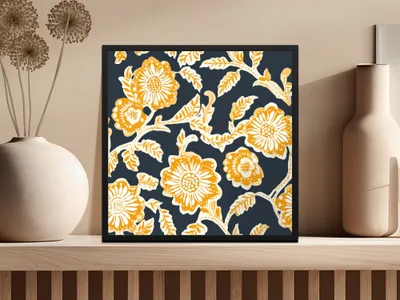 Mustard Floral Indian Motif on Dark Background Design - Moore and Mountain