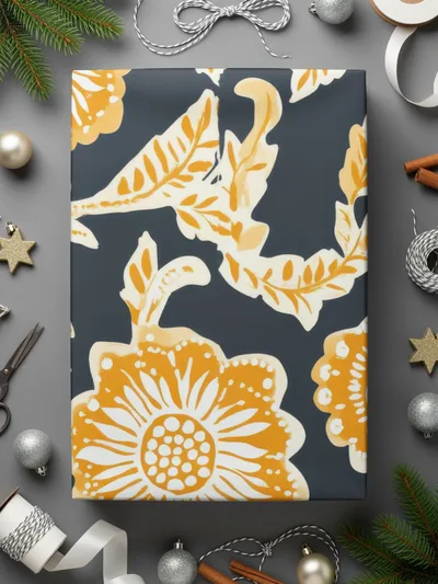 Mustard Floral Indian Motif on Dark Background Design - Moore and Mountain